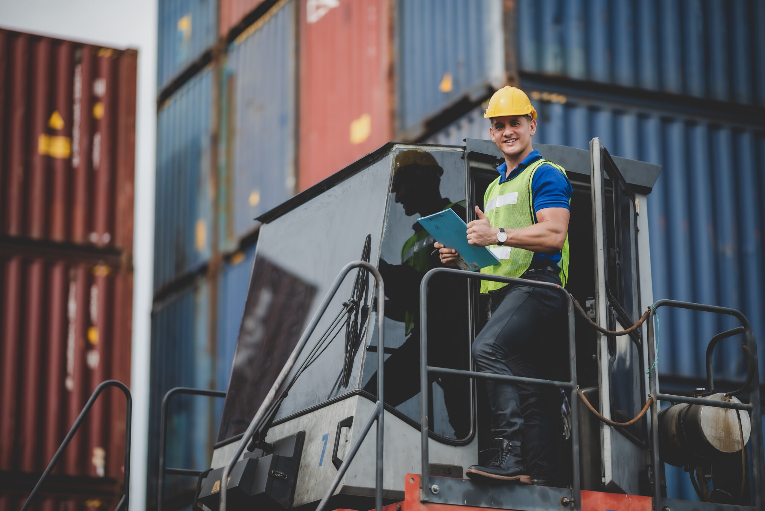 foreman or engineer work in container shipping industry warehouse, logistic transport delivery